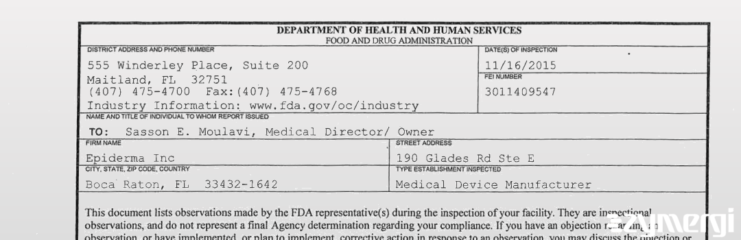FDANews 483 Epiderma Inc Nov 16 2015 top