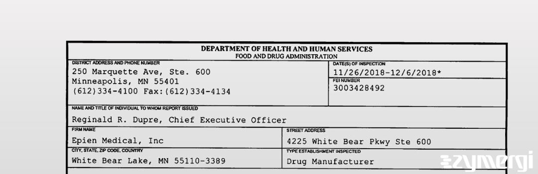 FDANews 483 Epien Medical, Inc Dec 6 2018 top