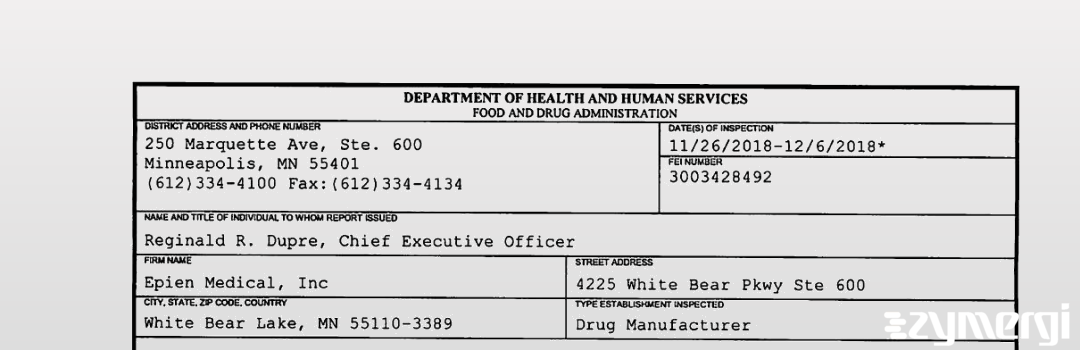 FDANews 483 Epien Medical, Inc Dec 6 2018 top