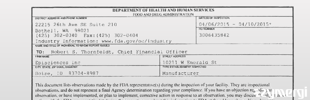 FDANews 483 Episciences Inc Apr 10 2015 top