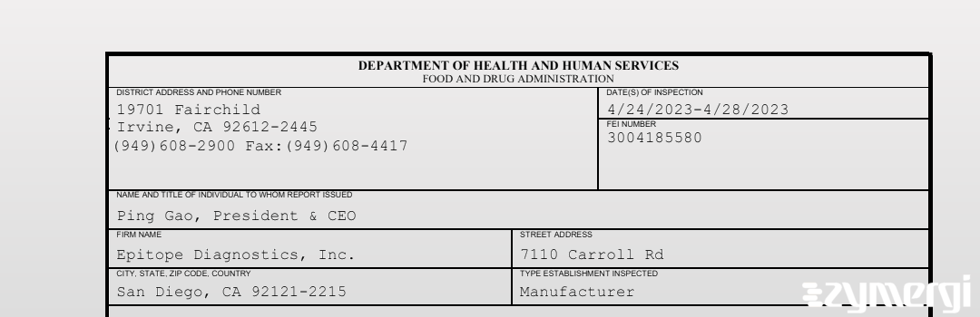 FDANews 483 Epitope Diagnostics, Inc. Apr 28 2023 top