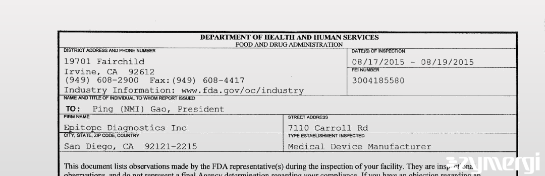 FDANews 483 Epitope Diagnostics, Inc. Aug 19 2015 top