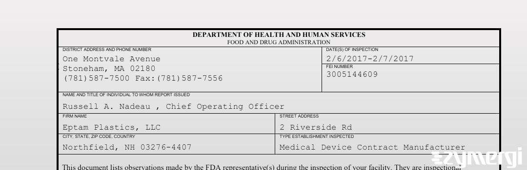 FDANews 483 Eptam Plastics, LLC Feb 7 2017 top