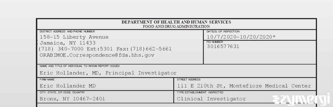 FDANews 483 Eric Hollander MD Oct 20 2020 top