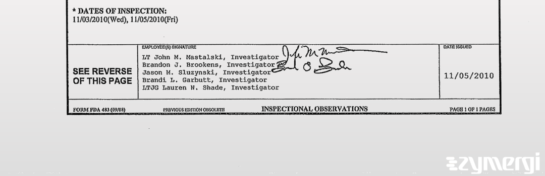 Brandi L. Garbutt FDA Investigator Brandon J. Brookens FDA Investigator Jason M. Sluzynski FDA Investigator John M. Mastalski FDA Investigator Lauren N. Shade FDA Investigator 