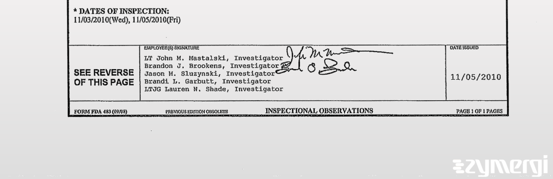 Brandi L. Garbutt FDA Investigator Brandon J. Brookens FDA Investigator Jason M. Sluzynski FDA Investigator John M. Mastalski FDA Investigator Lauren N. Shade FDA Investigator