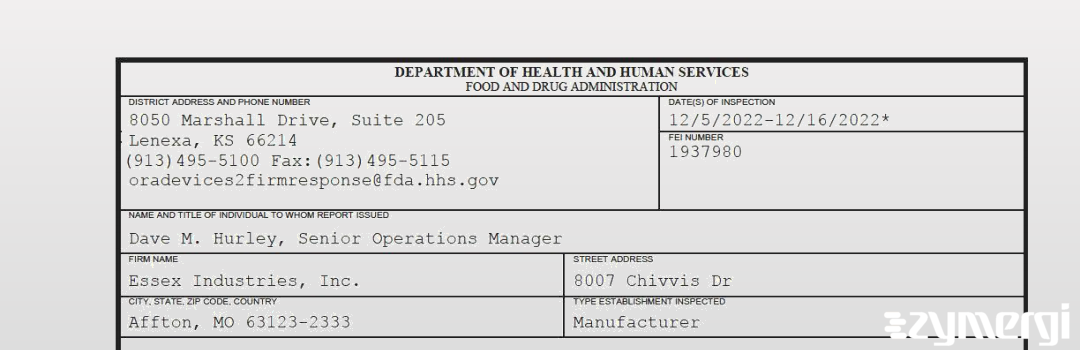 FDANews 483 Essex Industries, Inc. Dec 16 2022 top