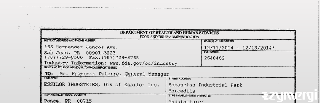 FDANews 483 ESSILOR INDUSTRIES, Div of Essilor Inc. Dec 18 2014 top