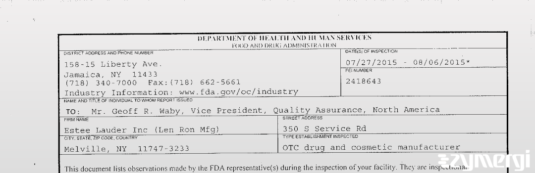 FDANews 483 Estee Lauder Inc (Len Ron Mfg) Aug 6 2015 top