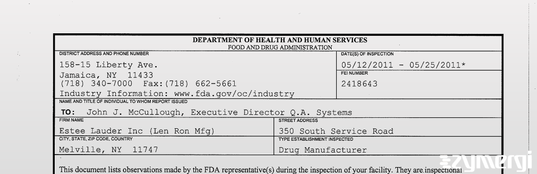 FDANews 483 Estee Lauder Inc (Len Ron Mfg) May 25 2011 top