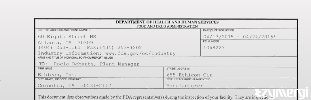 FDANews 483 Ethicon, Inc. Apr 24 2015 top