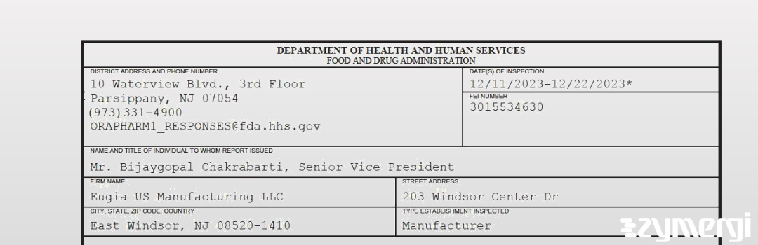 FDANews 483 Eugia US Manufacturing LLC Dec 22 2023 top