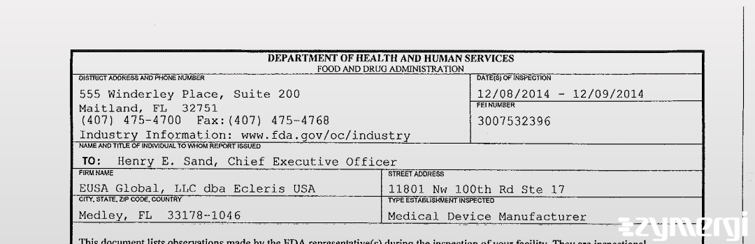 FDANews 483 EUSA Global, LLC dba Ecleris USA Dec 9 2014 top
