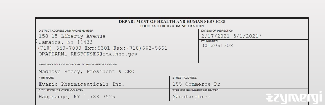 FDANews 483 Evaric Pharmaceuticals Inc. Mar 1 2021 top