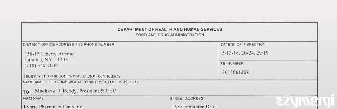 FDANews 483 Evaric Pharmaceuticals Inc. May 29 2019 top