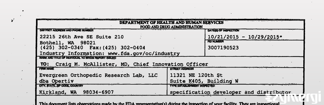 FDANews 483 Evergreen Orthopedic Research Lab, LLC dba Opertiv Oct 29 2015 top