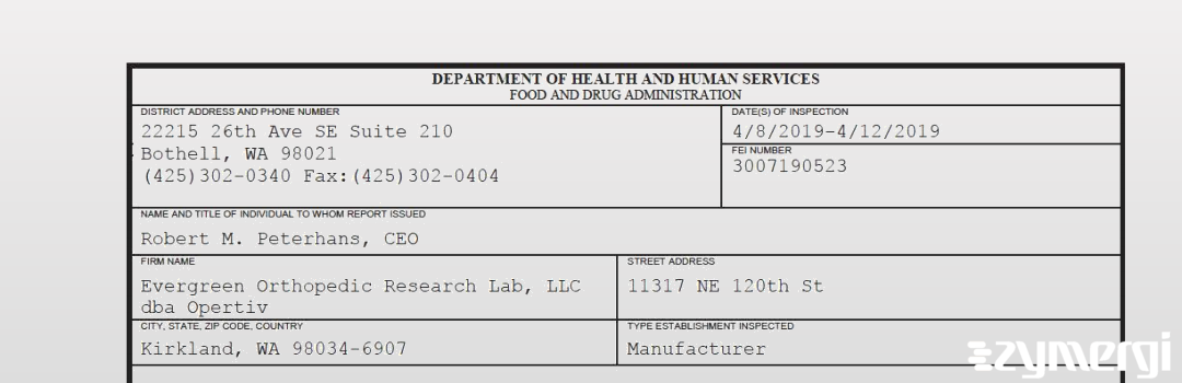 FDANews 483 Evergreen Orthopedic Research Lab, LLC dba Opertiv Apr 12 2019 top