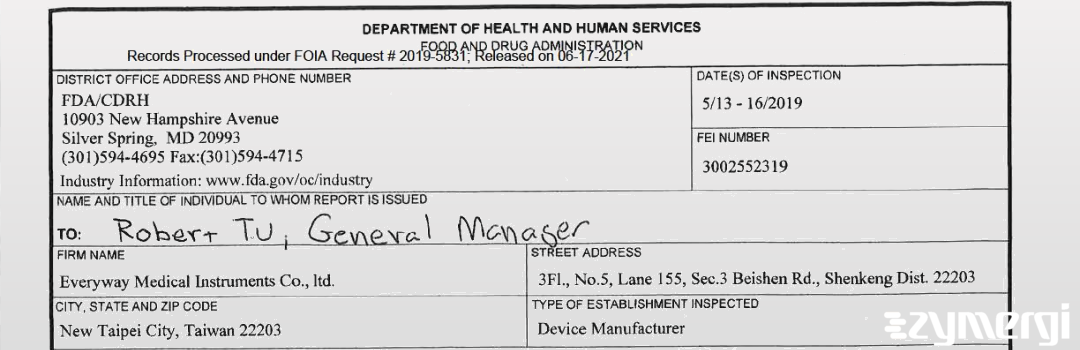 FDANews 483 Everyway Medical Instruments Co., Inc. May 16 2019 top