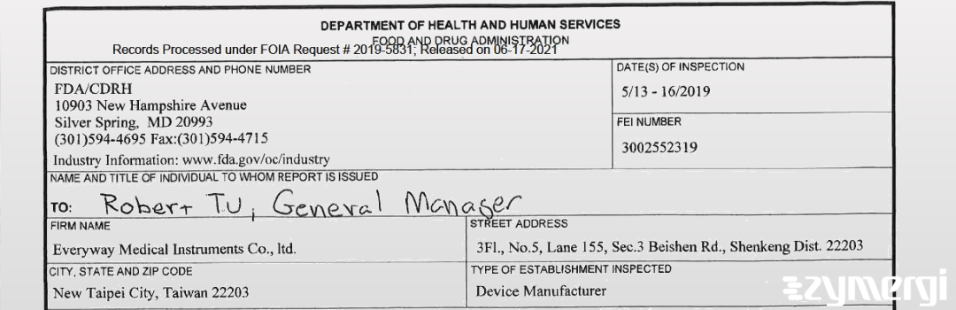 FDANews 483 Everyway Medical Instruments Co., Inc. May 16 2019 top