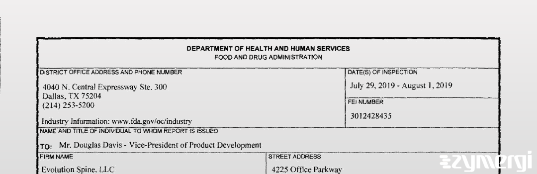 FDANews 483 EVOLUTION SPINE, LLC Aug 1 2019 top