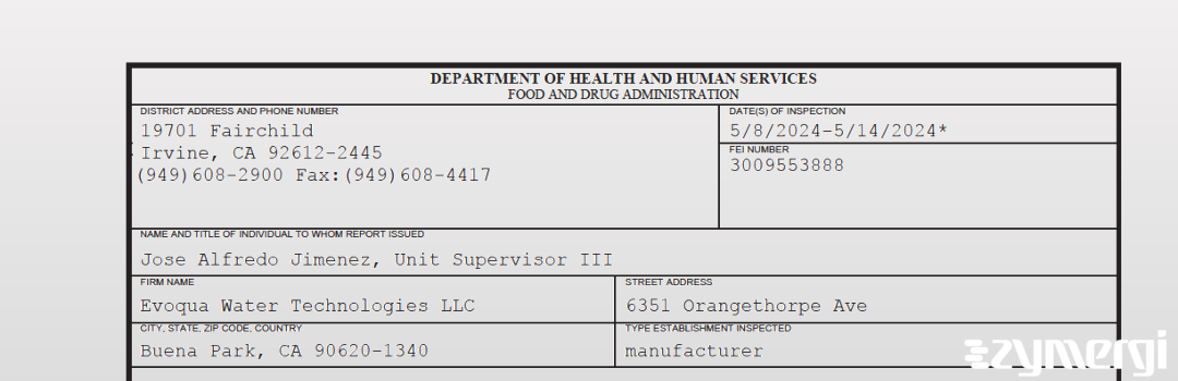 FDANews 483 Evoqua Water Technologies LLC May 14 2024 top