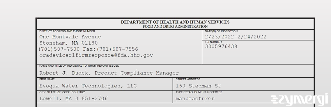 FDANews 483 Evoqua Water Technologies LLC Feb 24 2022 top