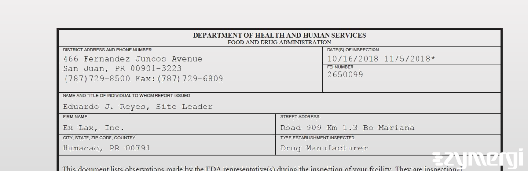 FDANews 483 Ex-Lax, Inc. Nov 5 2018 top