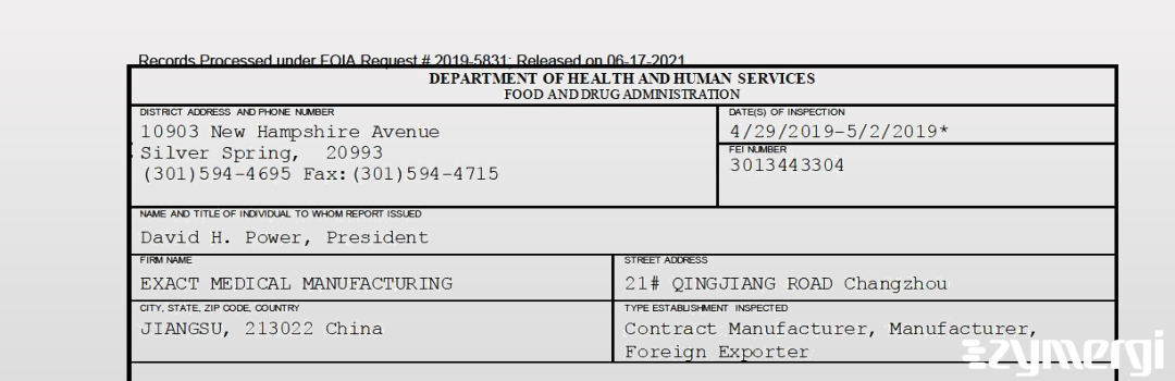 FDANews 483 EXACT MEDICAL MANUFACTURING May 2 2019 top