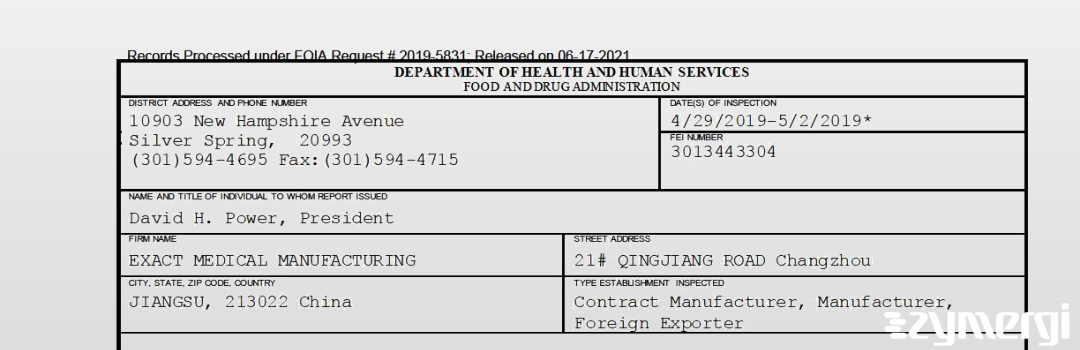 FDANews 483 EXACT MEDICAL MANUFACTURING May 2 2019 top