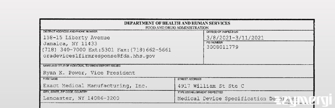 FDANews 483 Exact Medical Manufacturing, Inc. Mar 11 2021 top