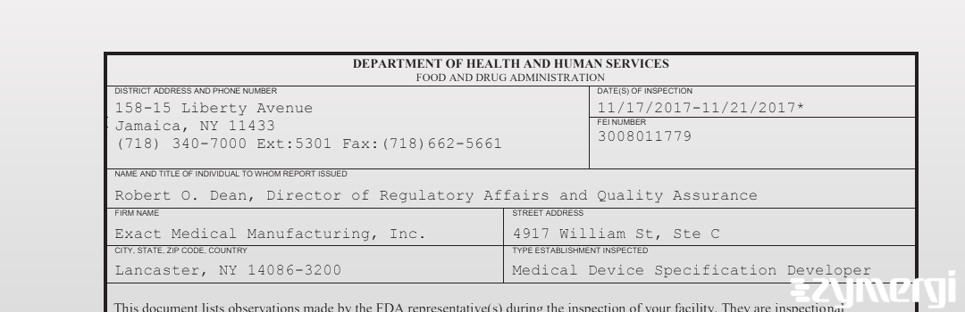 FDANews 483 Exact Medical Manufacturing, Inc. Nov 21 2017 top