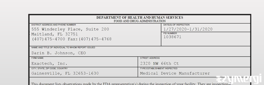 FDANews 483 Exactech, Inc. Jan 31 2020 top