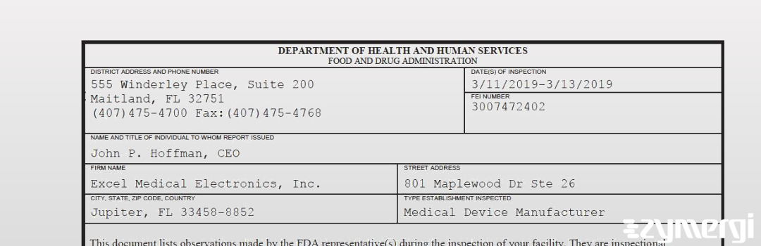 FDANews 483 Excel Medical Electronics, Inc. Mar 13 2019 top