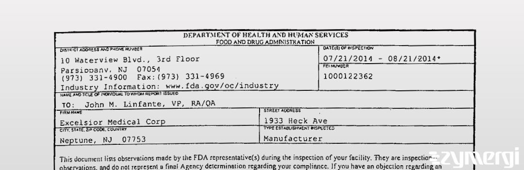 FDANews 483 Excelsior Medical Corp Aug 21 2014 top