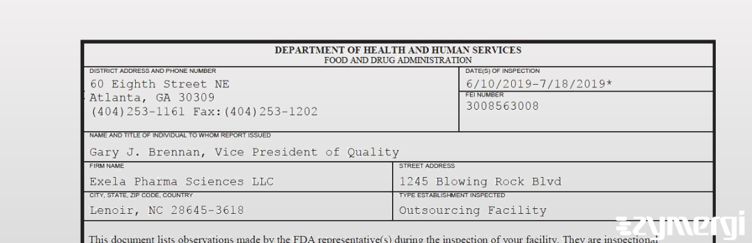 FDANews 483 Exela Pharma Sciences LLC Jul 18 2019 top