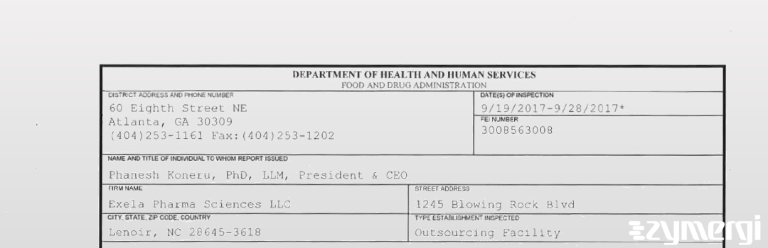 FDANews 483 Exela Pharma Sciences LLC Sep 28 2017 top
