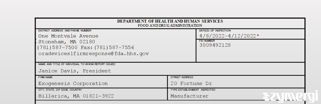 FDANews 483 Exogenesis Corporation Apr 12 2022 top