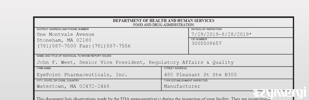 FDANews 483 EyePoint Pharmaceuticals, Inc. Aug 28 2019 top