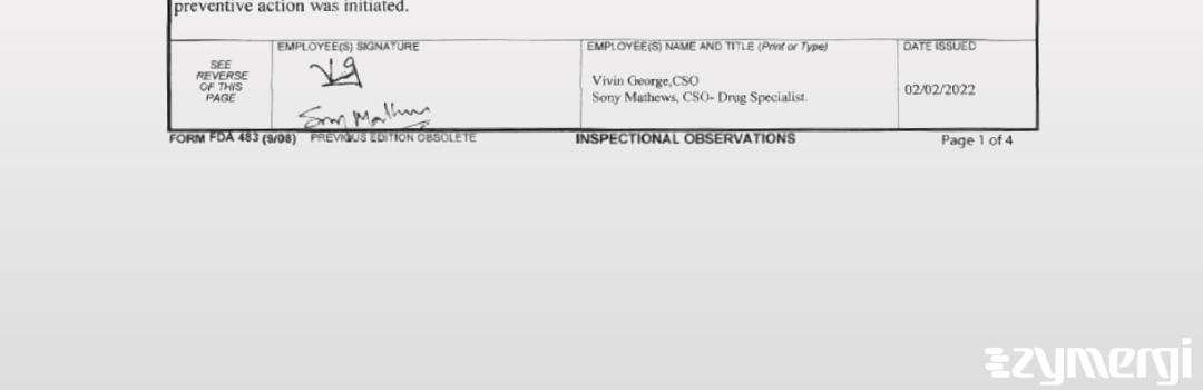 Sony Mathews FDA Investigator Vivin George FDA Investigator