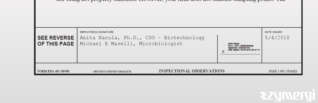 Michael E. Maselli FDA Investigator Anita Narula FDA Investigator