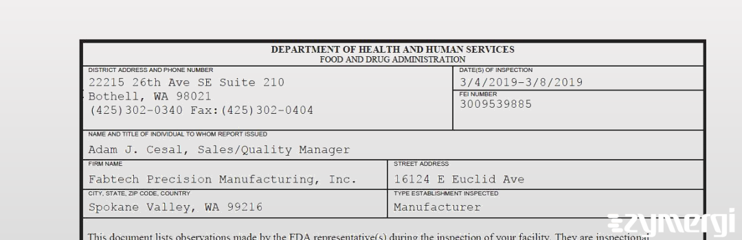 FDANews 483 Fabtech Precision Manufacturing, Inc. Mar 8 2019 top