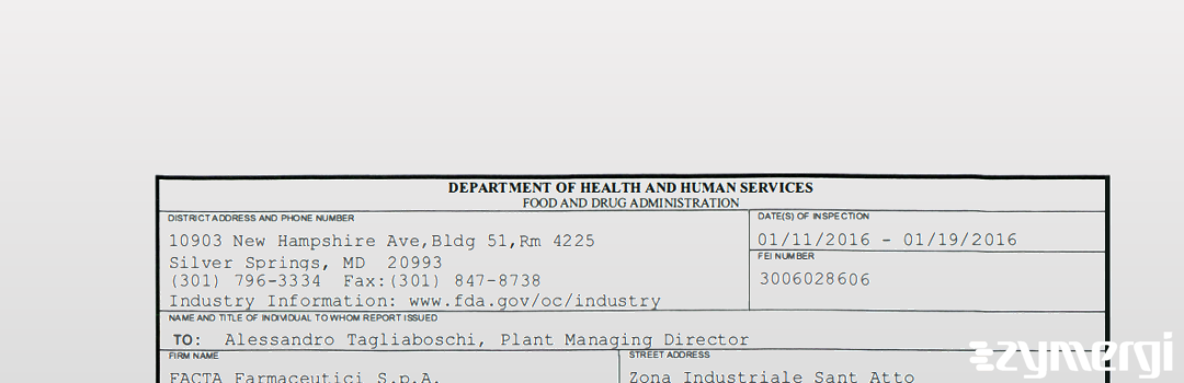 FDANews 483 FACTA Farmaceutici S.p.A. Jan 19 2016 top