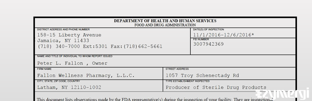 FDANews 483 Fallon Wellness Pharmacy, L.L.C. Dec 6 2016 top