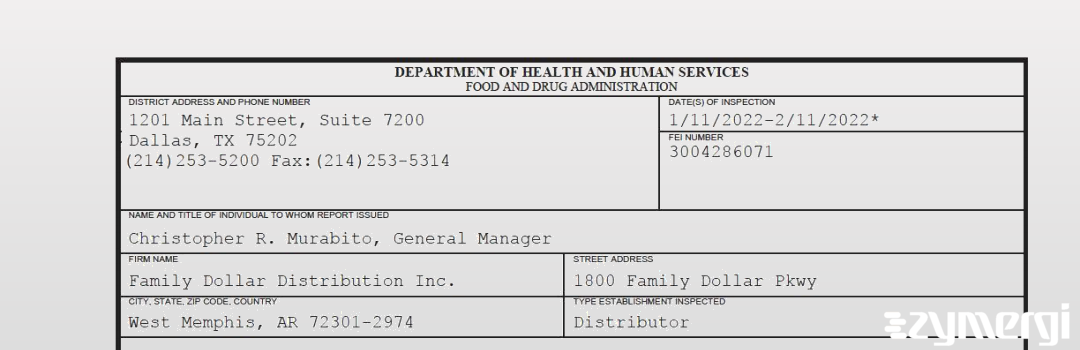 FDANews 483 Family Dollar Distribution Inc. Feb 11 2022 top