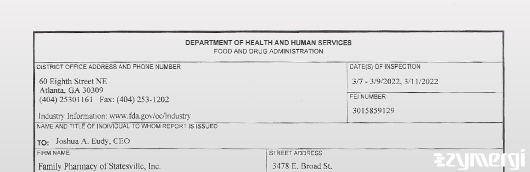 FDANews 483 Family Pharmacy of Statesville Mar 11 2022 top