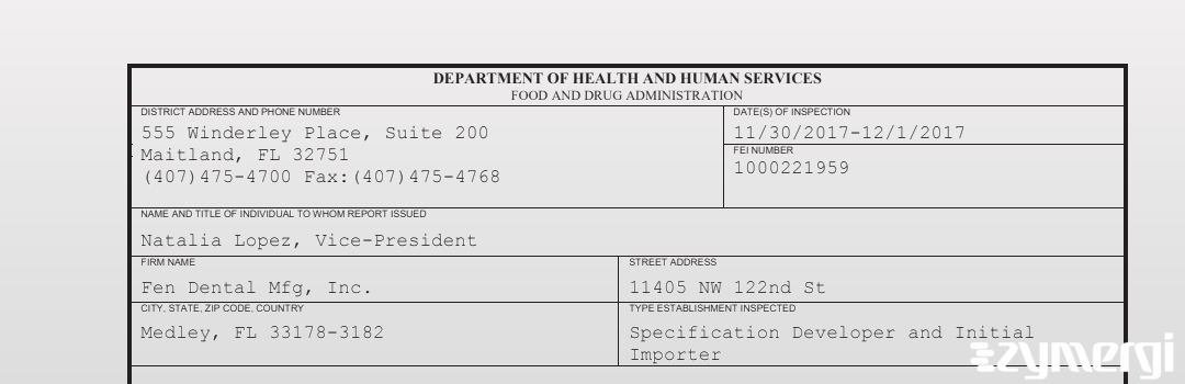 FDANews 483 Fen Dental Mfg, Inc. Dec 1 2017 top