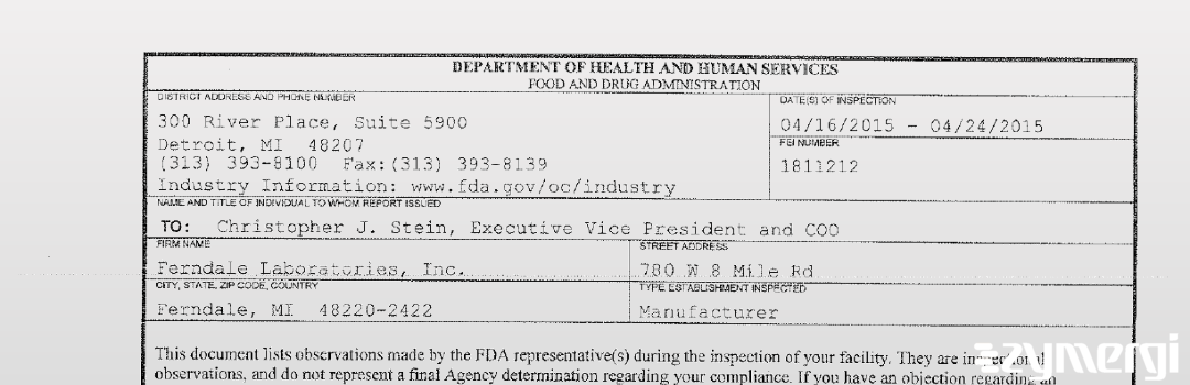 FDANews 483 Ferndale Laboratories, Inc. Apr 24 2015 top