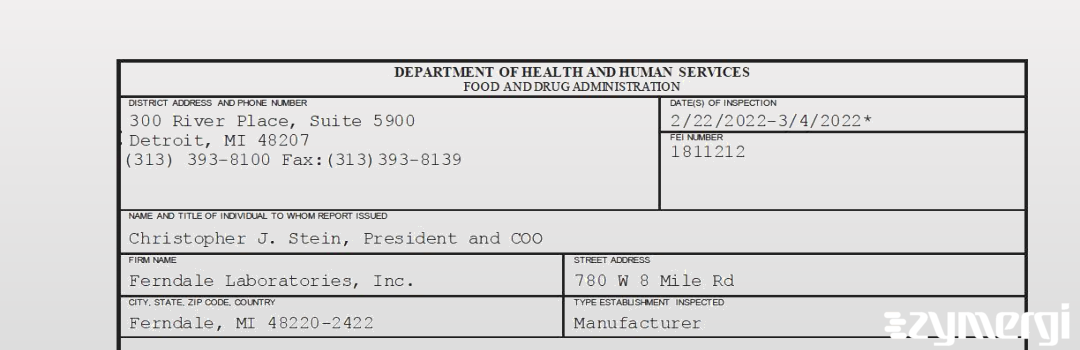 FDANews 483 Ferndale Laboratories, Inc. Mar 4 2022 top