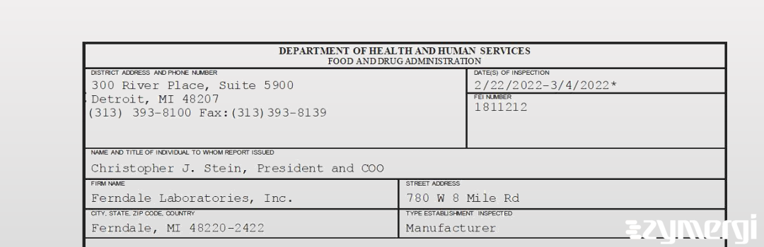 FDANews 483 Ferndale Laboratories, Inc. Mar 4 2022 top