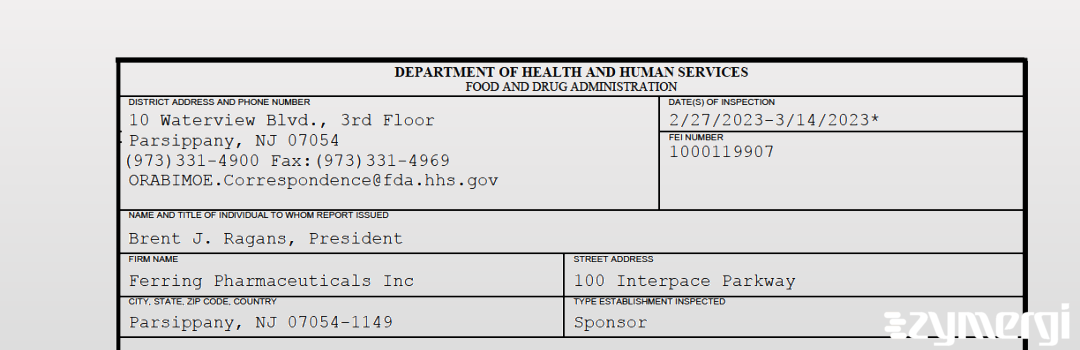 FDANews 483 Ferring Pharmaceuticals Inc Mar 14 2023 top